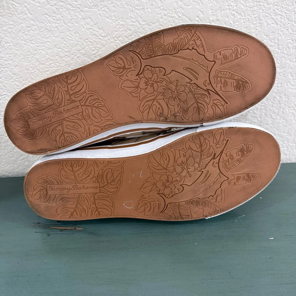 Tommy Bahama Mens Tan Canvas Brown Leather Boat Shoes‎ Lace Up Casual Size 8.5 D